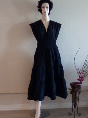Nicole Miller New York Black Cotton  Dress Smocked Waist Women's Tier Gothic Sz